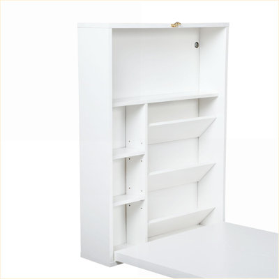 Bureau de bureau mural pliant compact avec rangement, blanc | Panneau de particules