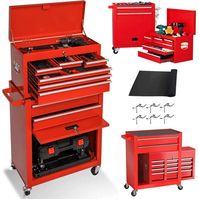 Coffre à outils roulant à 8 tiroirs, armoire de rangement à outils verrouillable et détachable 2 en 1 avec roulettes et tiroirs, organisateur d'outils robuste pour garage et atelier, rouge