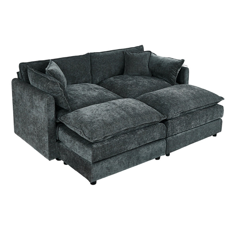 Modern Chenille Loveseat Sofa Couch With Ottoman, Gray Chenille, 33.85" H x 77.16" W x 35.82" D