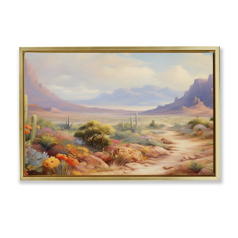 Cadre flottant avec sentier fleuri, dessiné par Franklyn Gregory, H 17 po x l 25 po, Cadre flottant métallique doré