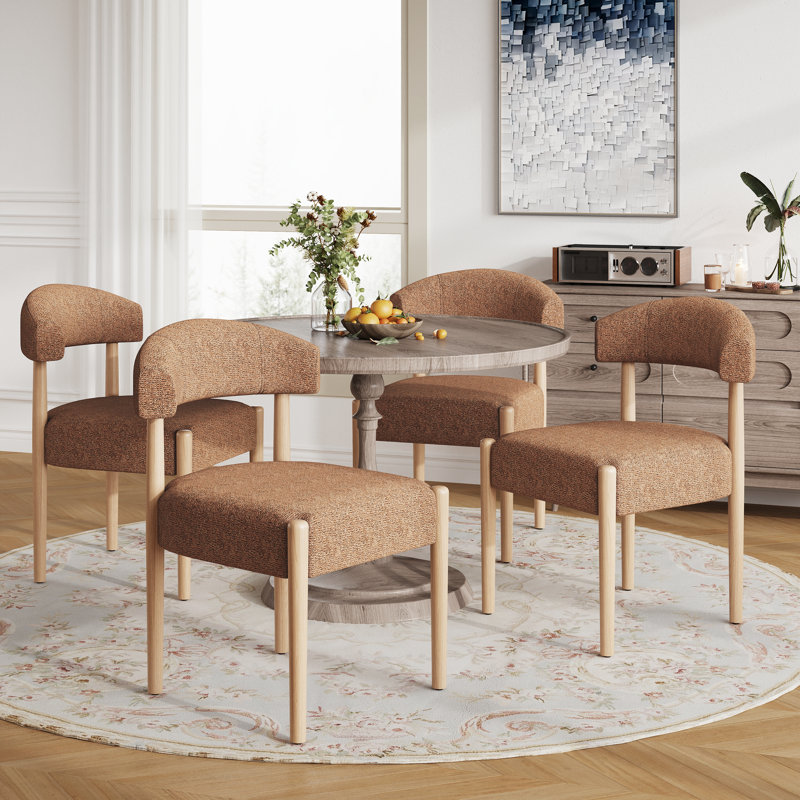 Upholstered Side Dining Chair (Set Of 4), Orange Polyester, Medium Wood