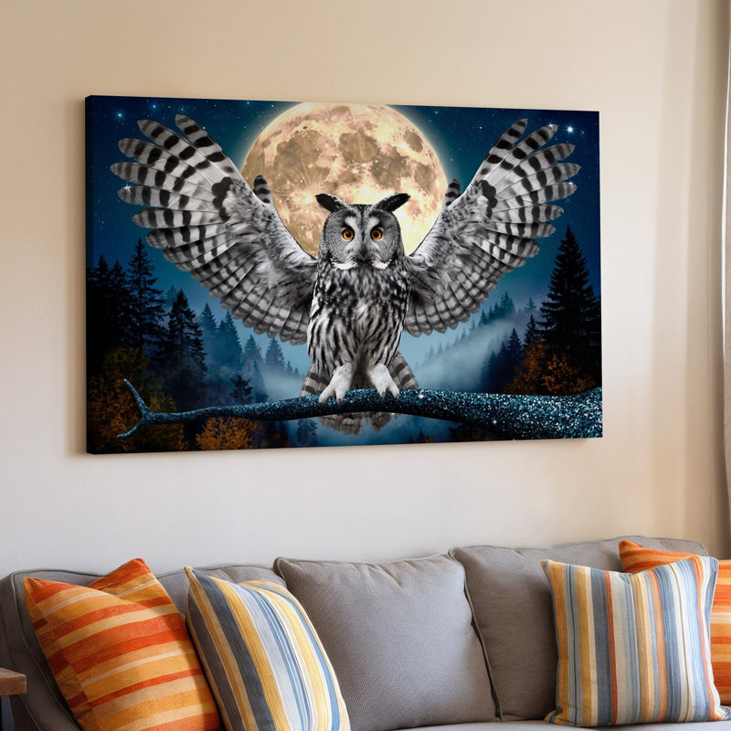 Toile, chouette noire et blanche majestueuse avec détails de plumes complexes, art mural perché sur une branche texturée et scintillante