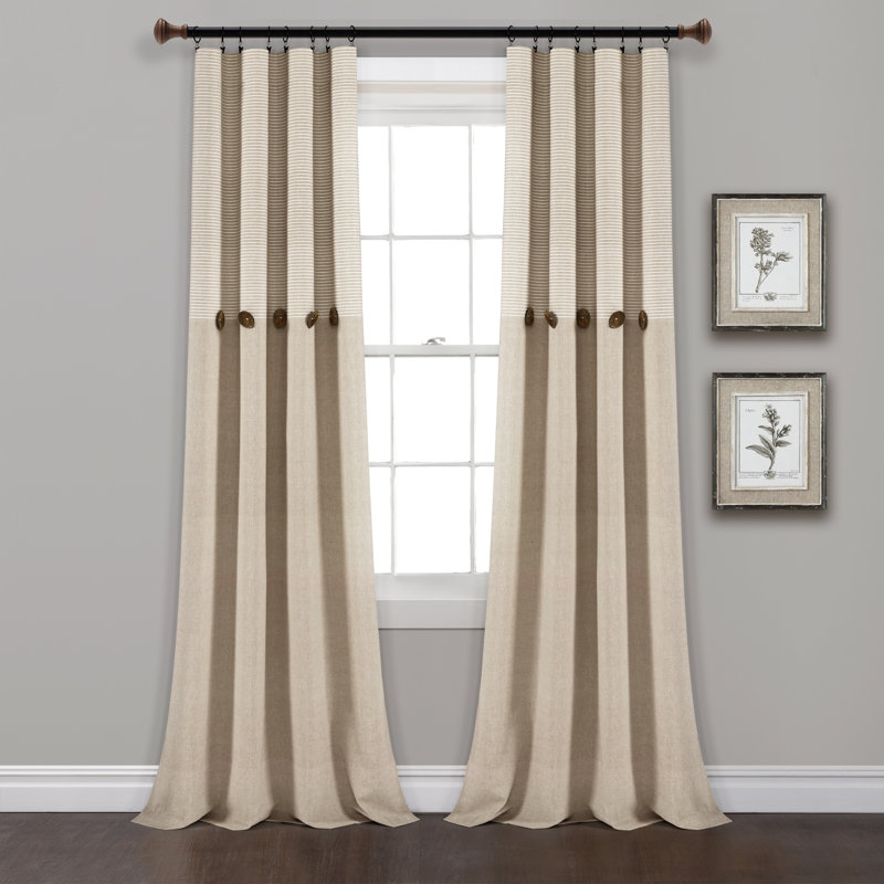 Lush Decor Farmhouse Button Stripe Cotton Blend Semi-Sheer Curtain Panels Pair Drapes (Set of 2), Linen, 40" W x 95" L