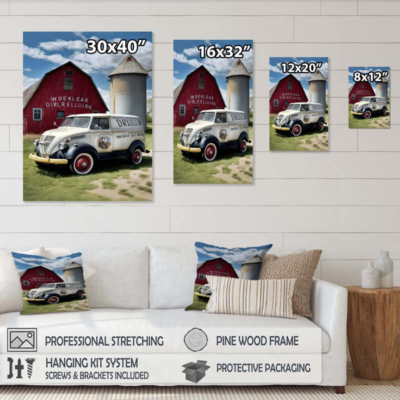 Camion à lait à la grange - photographie sur toile, H 20 po x l 12 po x P 1 po, Toile tendue