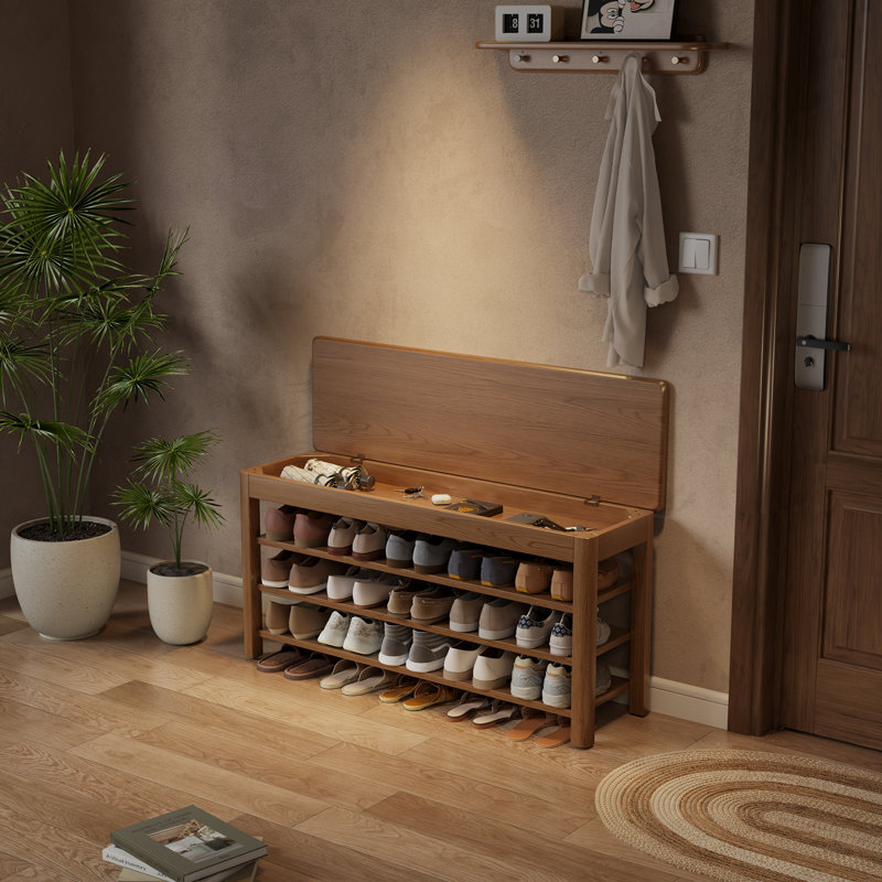 Banc d'entrée en bois massif avec rangement relevable et 3 tablettes à chaussures Addisin, L 47,24 po