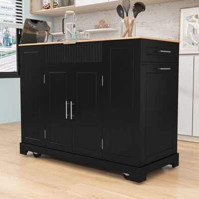 Rolling Kitchen Island Cart with Built-in Power Outlet, Storage Cabient and Trash Can by Lark Manor