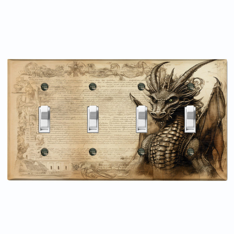Couvercle de plaque d'interrupteur en métal; Bascule à 4 bandes standard US - Dragon à cornes, # 4 Quad bascule
