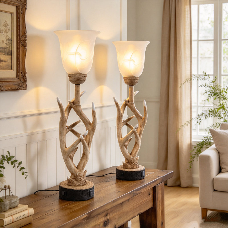 Lampe de table rustique en résine et verre de 22 pouces avec ports USB et de type C