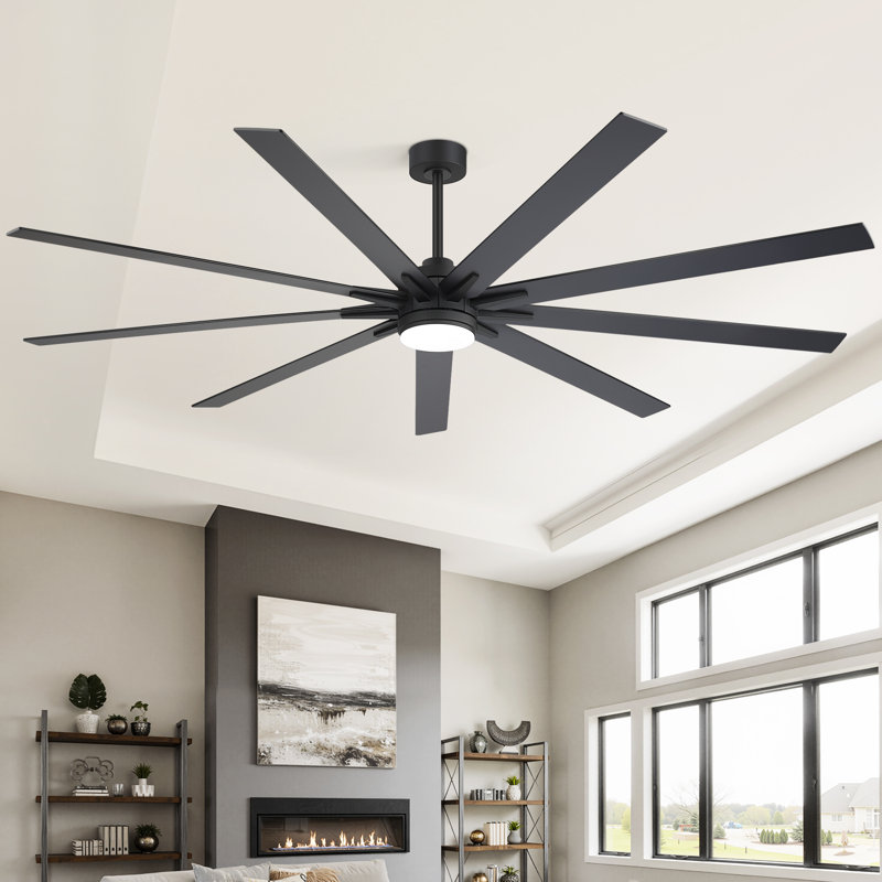  Ventilateur de plafond CC 72 po / 84 po Nachelle avec lumière DEL, 9 pales réversibles, télécommande et plusieurs tiges incluses, grand ventilateur intérieur / extérieur pour le salon, patio, grande pièce - noir mat