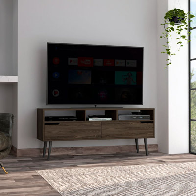 Meuble télé Hambourg pour téléviseur de 60 po, quatre pieds et trois tablettes ouvertes sur place