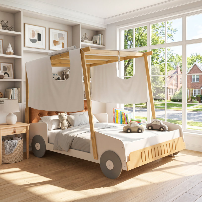 Lit plateforme en forme de voiture en bois massif naturel avec coussin, support de plafond et pied de lit, Lit double