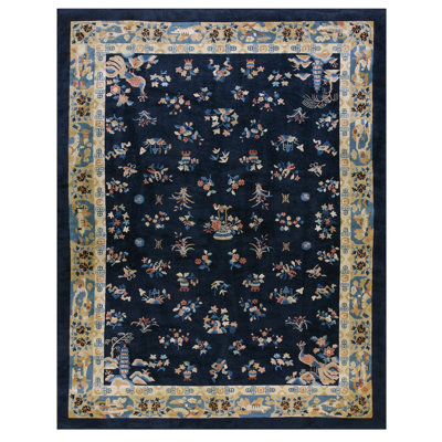 Tapis rectangulaire en laine noué à la main bleu antique des années 1920