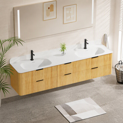 Meuble-lavabo cannelé en chêne doré 84 po avec lavabo intégré et quincaillerie noire 84 po