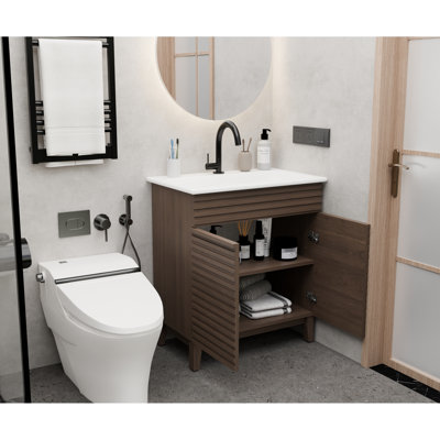 Armoire de salle de bain brune de 30 pouces avec lavabo en céramique blanche, esthétique Mid-Century, fabrication imperméable, finition de surface en stratifié lisse et système de tiroir à fermeture en douceur