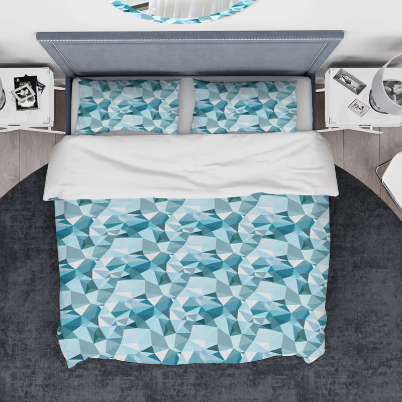 Polygonal Abstract Light Blue Geometry - Modern Abstract Duvet Cover Set - Microfiber Polyester, Queen Duvet Cover + 2 Shams