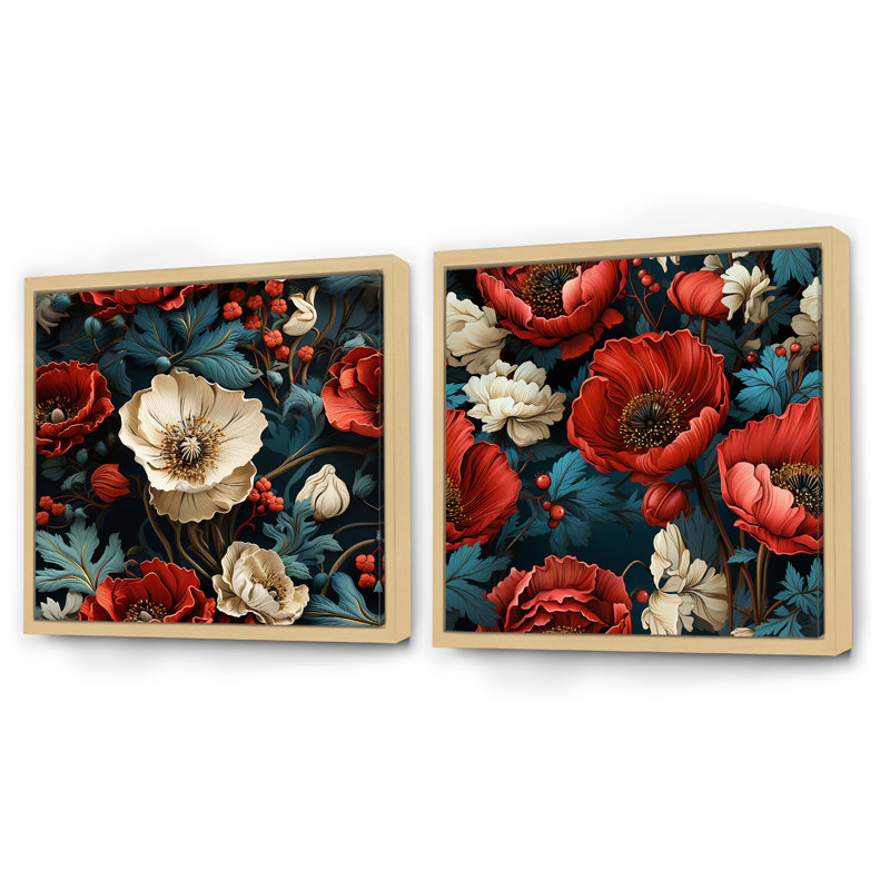 Motif de fleurs de pavot bleues et rouges III, Cadre flottant brun, H 30 po x l 61 po