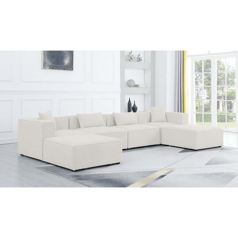 Cube Upholstered U-Shaped Sectional Reversible, Cream Linen Textured Fabric