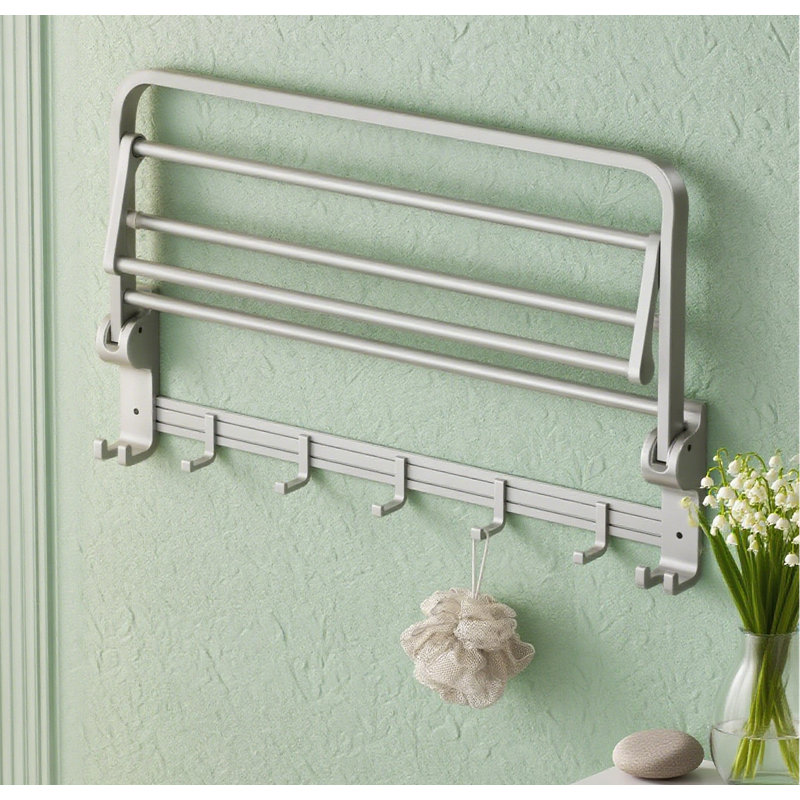 Porte-serviettes mural pliable pour salle de bain avec barre à serviettes et crochets - Organisateur de lavabo peu encombrant durable