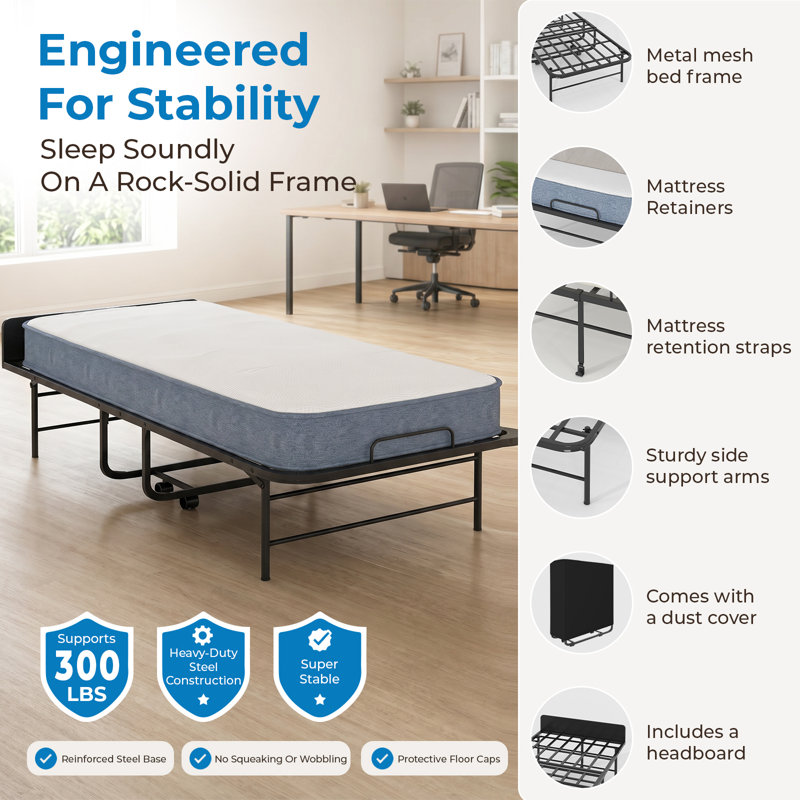 75" Foldable Guest Bed with Headboard & Memory Foam – 300LBS, 5" Mattress, Rolls for Storage