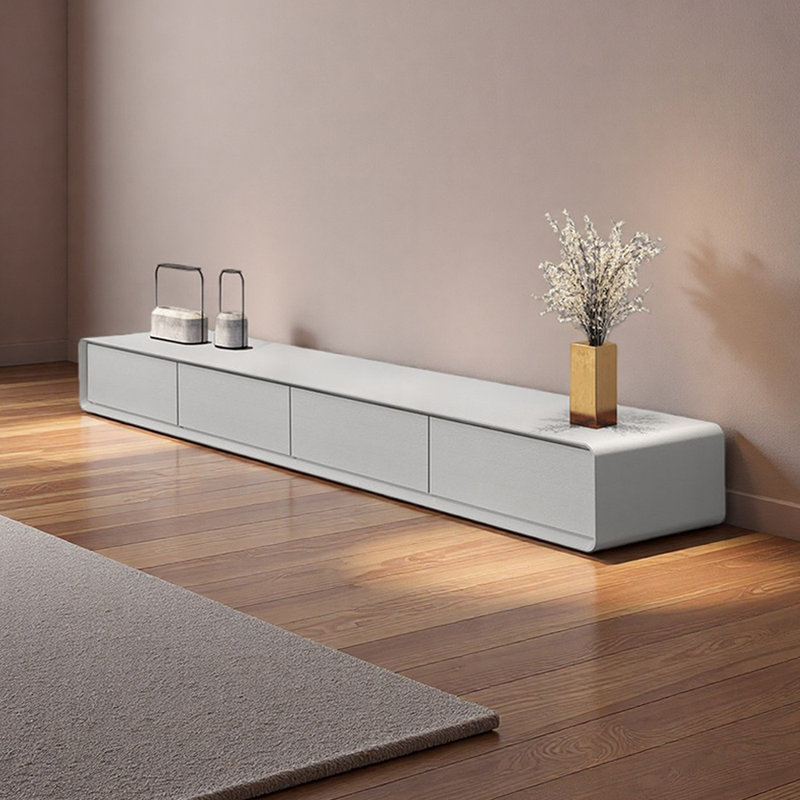 Meuble télé moderne en bois avec plancher, Blanc, H 13,77 po x L 86,61 po x l 15,74 po