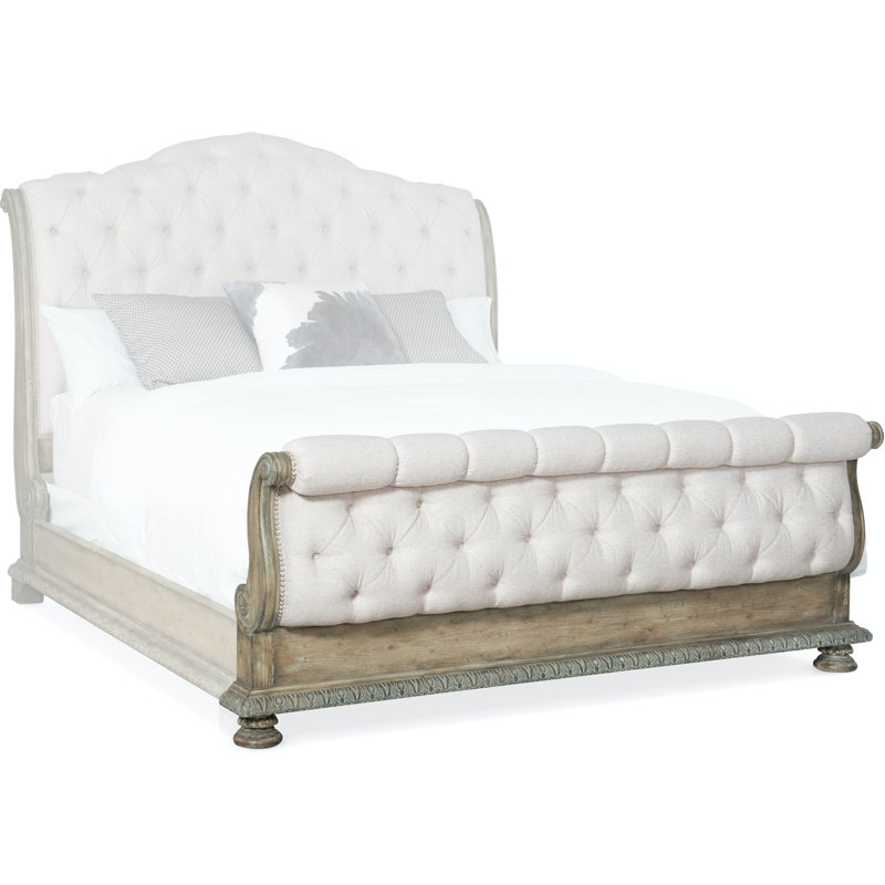 Beige and Brown King Upholstered Sleigh Bed with Tufted Headboard