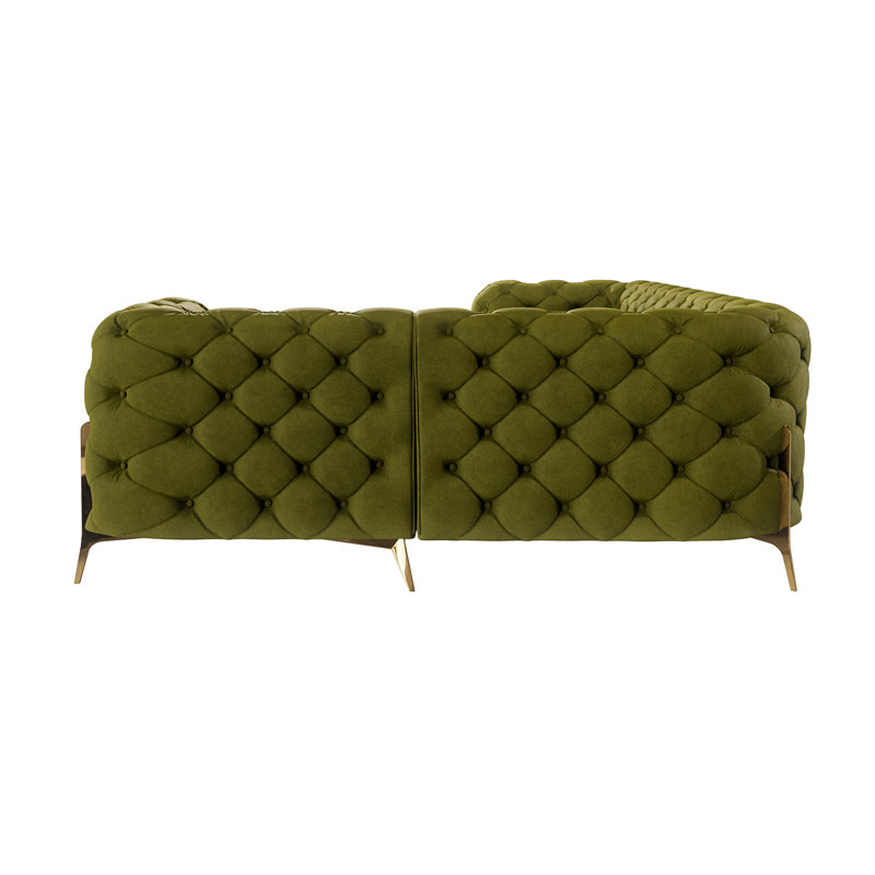 Chesterfield Corner Sofa L-Shape  with Gold Metal Legs, Left Hand Facing, Olive