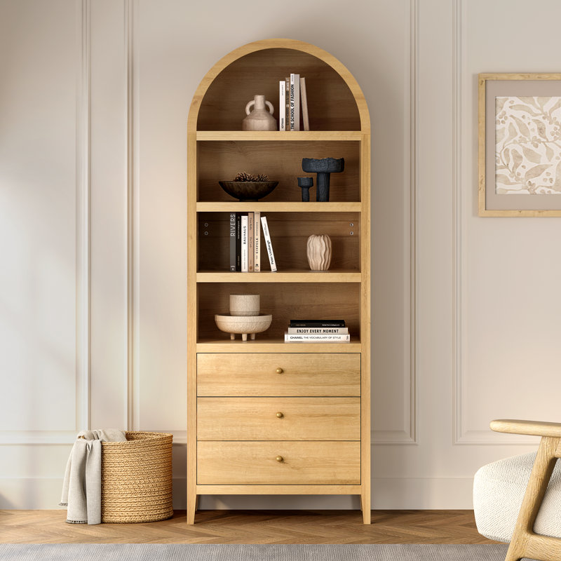 Arched 3-Drawer Bookcase With Adjustable Shelves – Modern Storage Cabinet For Living Room, Bedroom, Home Office, Oak