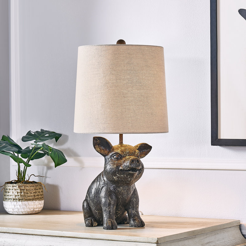 18" Resin Pig Table Lamp With Shade, Beige, Black