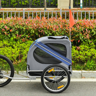 Remorque pour chien avec 3 entrées et roues tout-terrain, L 51,25 po x l 28,75 po x H 35,5 po, chariot en acier pour animal de compagnie avec moustiquaire et drapeau de sécurité pour chiens de taille moyenne jusqu'à 44 lb, bleu, 1 pièce