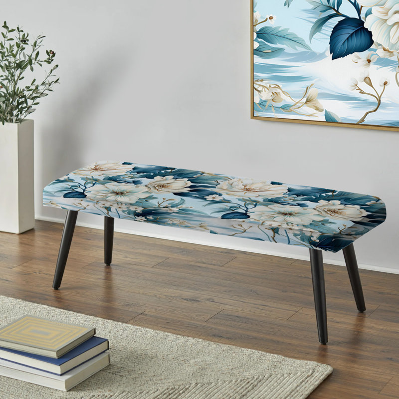 Banc rembourré floral noir Truong, Teal Coastal Harmony Floral Pattern I