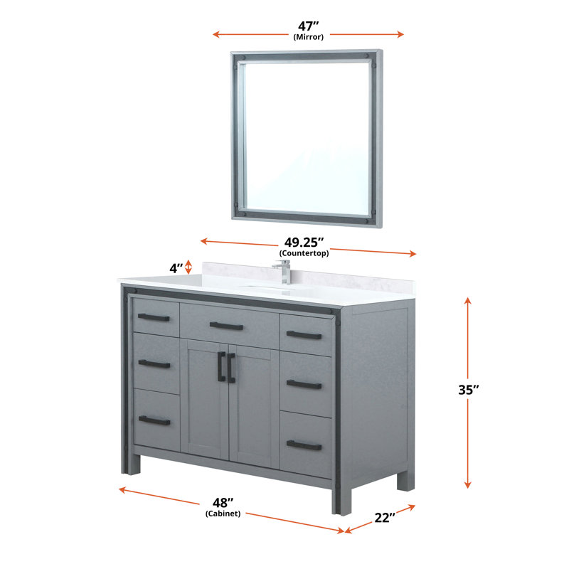 Meuble-lavabo simple l 48 po x P 22 po avec plateau blanc et miroir 34 po Ziva, Gris foncé, Marbre de culture blanc