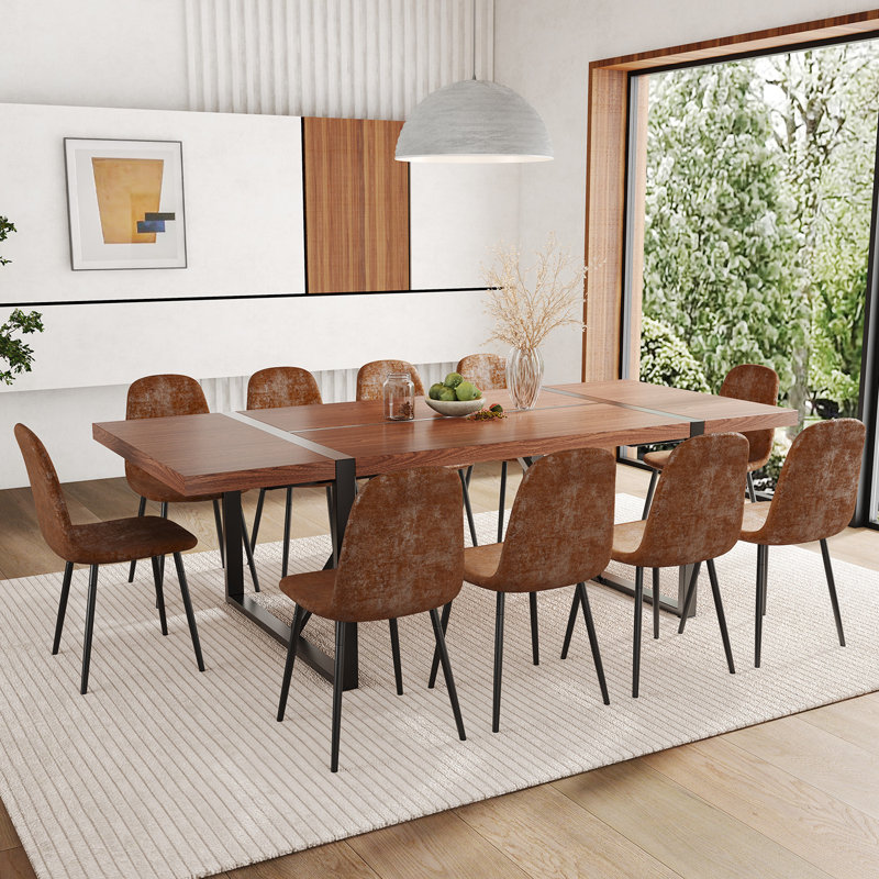 Ensemble de table de salle à manger en bois 87 po avec chaise rembourrée en cuir PU, 11 pièces: table, 10 chaises, Brun
