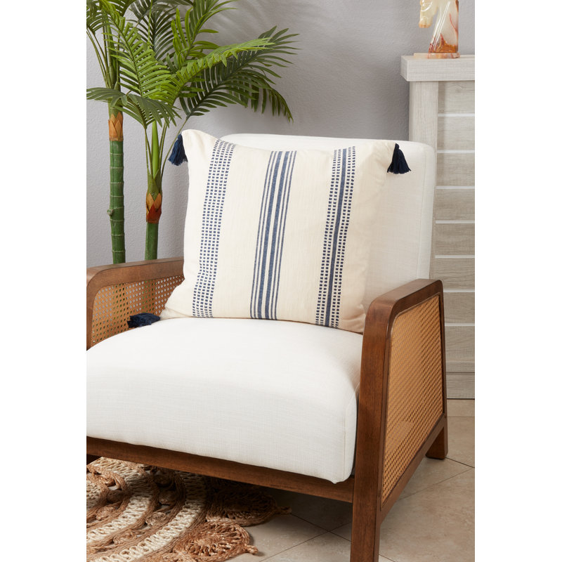 Oversized Navy and White Striped Cotton Throw Pillow Cover with Tassels