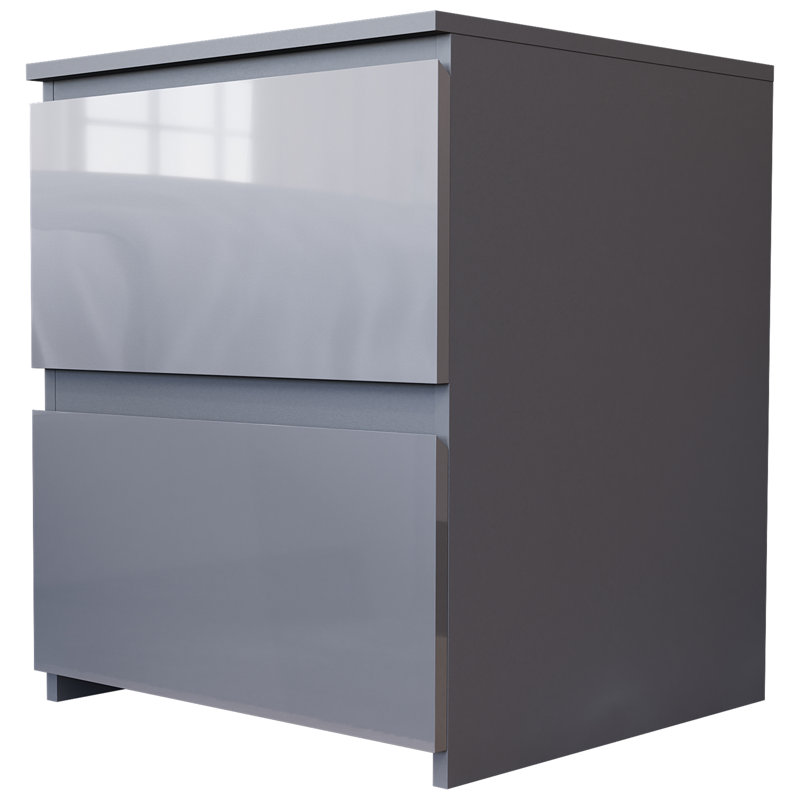 2 Drawer High Gloss Bedside Chest (FSC 100%) Bedroom Home Bedside Furniture, Grey