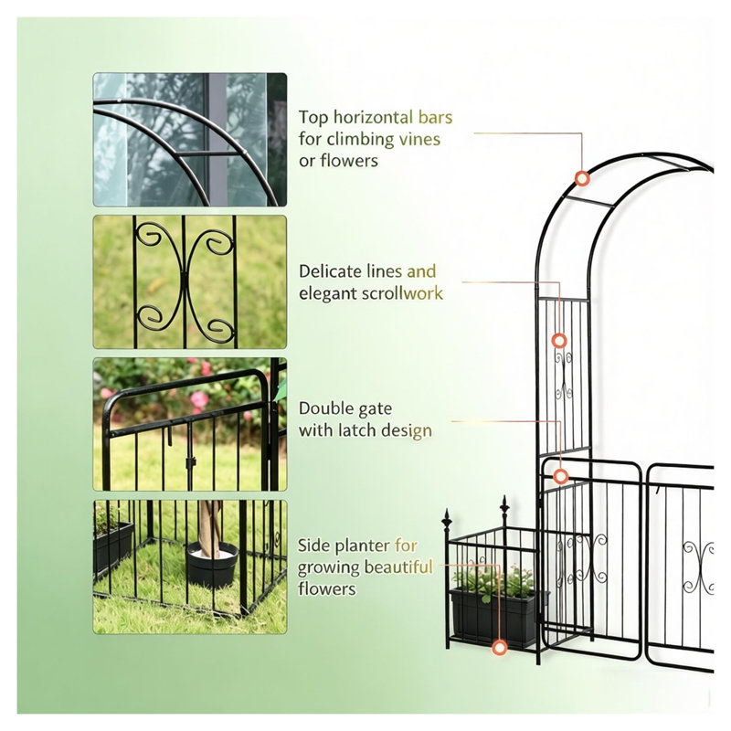 Treillis de jardin en métal noir avec barrière et conception à volutes pour les mariages et les entrées extérieures
