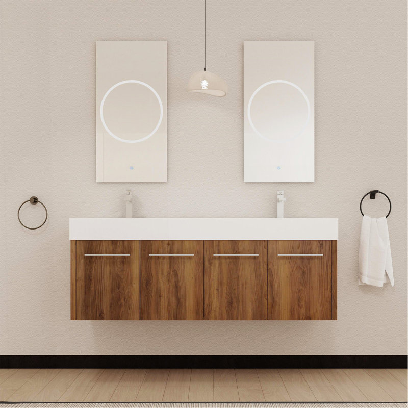 Meuble-lavabo mural de 60 po avec lavabo, lavabo double en résine à rebords épais, ensemble KD, Blanc