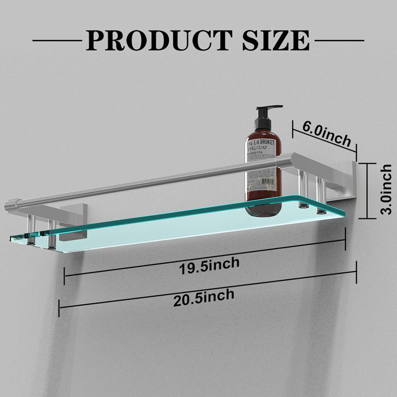 20-Inch Tempered Glass Bathroom Shelf - Wall Mounted, Brushed Nickel Finish, With Rail
