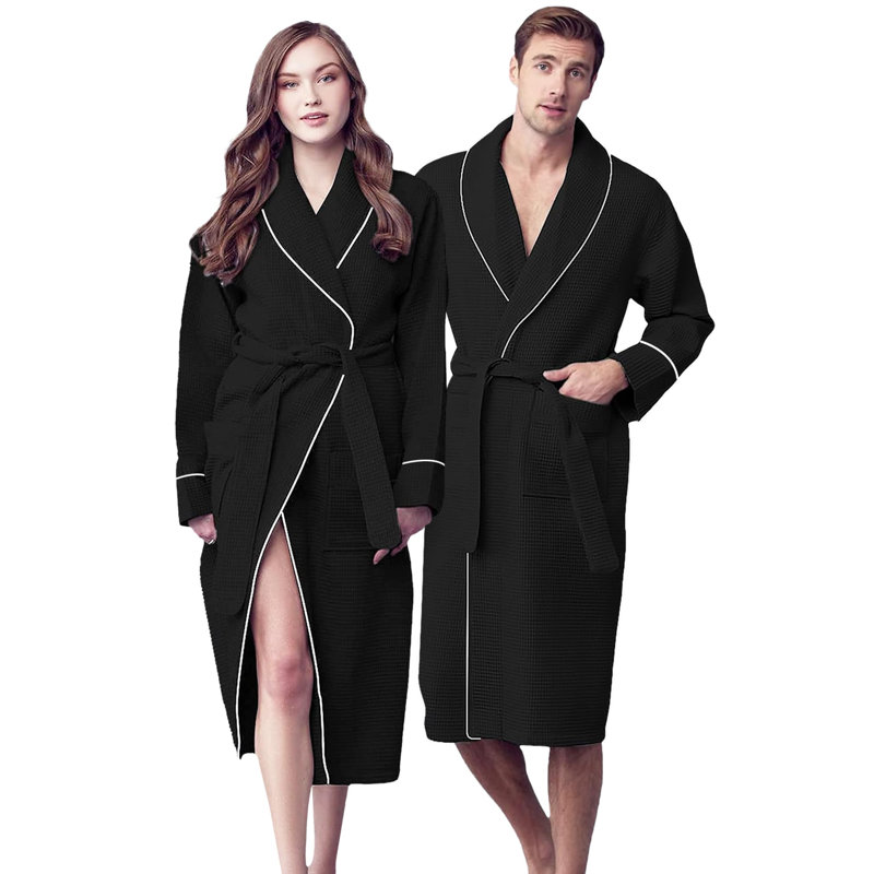 Cotton Waffle Mid-Calf Bathrobe with Pockets, M, Black