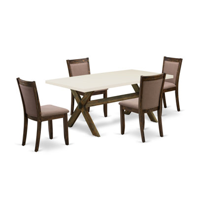 5 Piece Dining Room Furniture Set Includes a Rectangle Dining Table with X-Legs and 4 Coffee Linen Fabric Upholstered Chairs, Distressed Jacobean