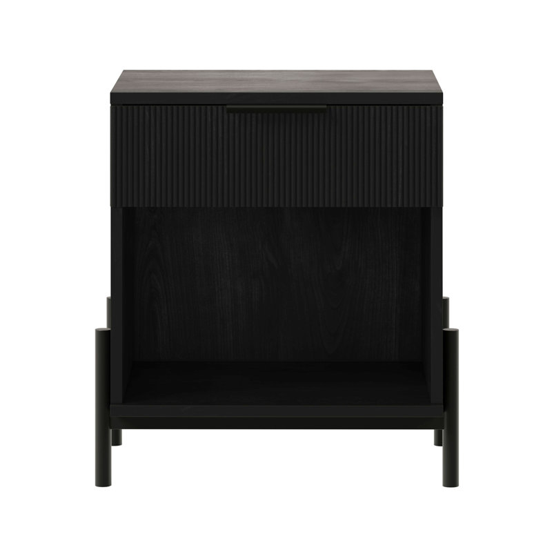 Table de chevet moderne à tiroir cannelé avec casier ouvert - noir