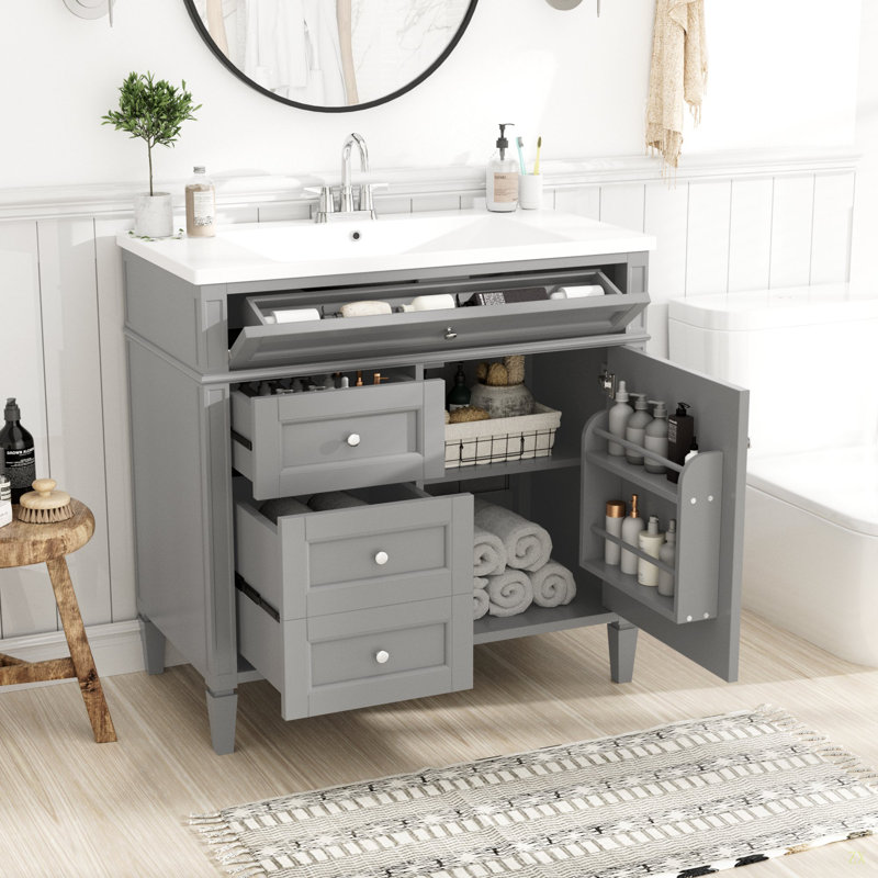 Meuble-lavabo de 36 po avec lavabo supérieur, meuble-lavabo moderne avec 2 tiroirs et tiroir escamotable, meuble-lavabo simple