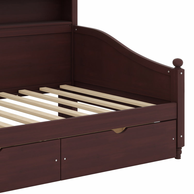 Structure de lit de jour en bois rétro avec tiroirs de rangement et tablettes de rangement pour la tête de lit, Espresso