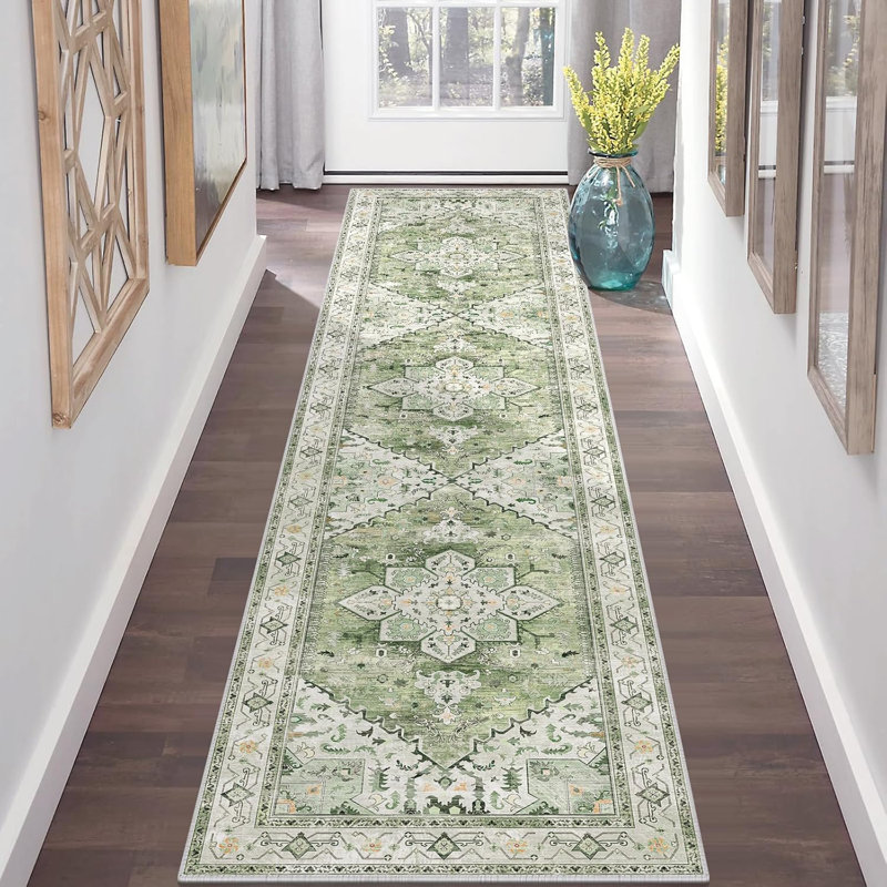 Vintage Hallway Runner Rug, Non-Slip Boho Vintage Washable Kitchen Rug for Bedroom, Kitchen, Laundry, Entrance, Light Green