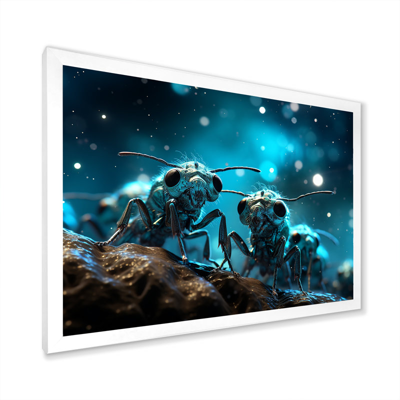 Fourmis lunaires argentées sur toile, H 24 po x l 32 po x P 1 po, Cadre simple blanc
