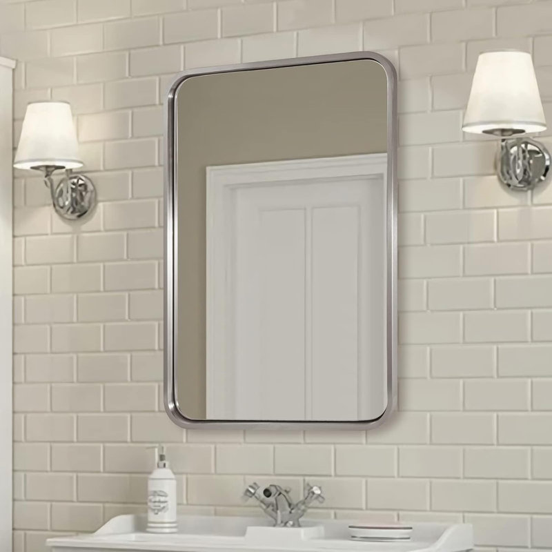 Miroir de salle de bain rectangulaire contemporain | Cadre épais en acier inoxydable, 36 po x 28 po, Nickel brossé