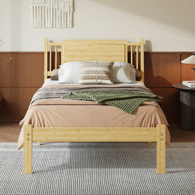 Twin 14" Heavy Duty Solid Wood Bamboo Platform Bed Frame With Headboard, Metal Slat Support, Easy Assembly
