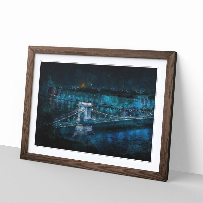 Chain Bridge in Budapest - Picture Frame Graphic Art Print, 45cm H x 63cm W x 2cm D, Walnut Framed