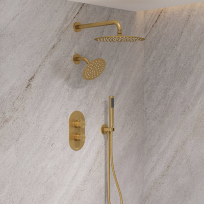 Angelsey 12" & 6" Dual Shower Head Rain Shower System with Handheld Shower and Pressure Balance Valve in Brushed Gold