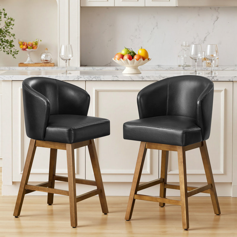 Tabouret de bar pivotant à 360 ° en forme de U avec base en bois d'hévéa massif, confort à ressorts, capacité de 350 lb, Noir