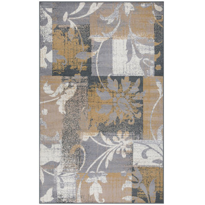 Tapis beige et gris à motif floral tissé à la machine 5 pi x 8 pi